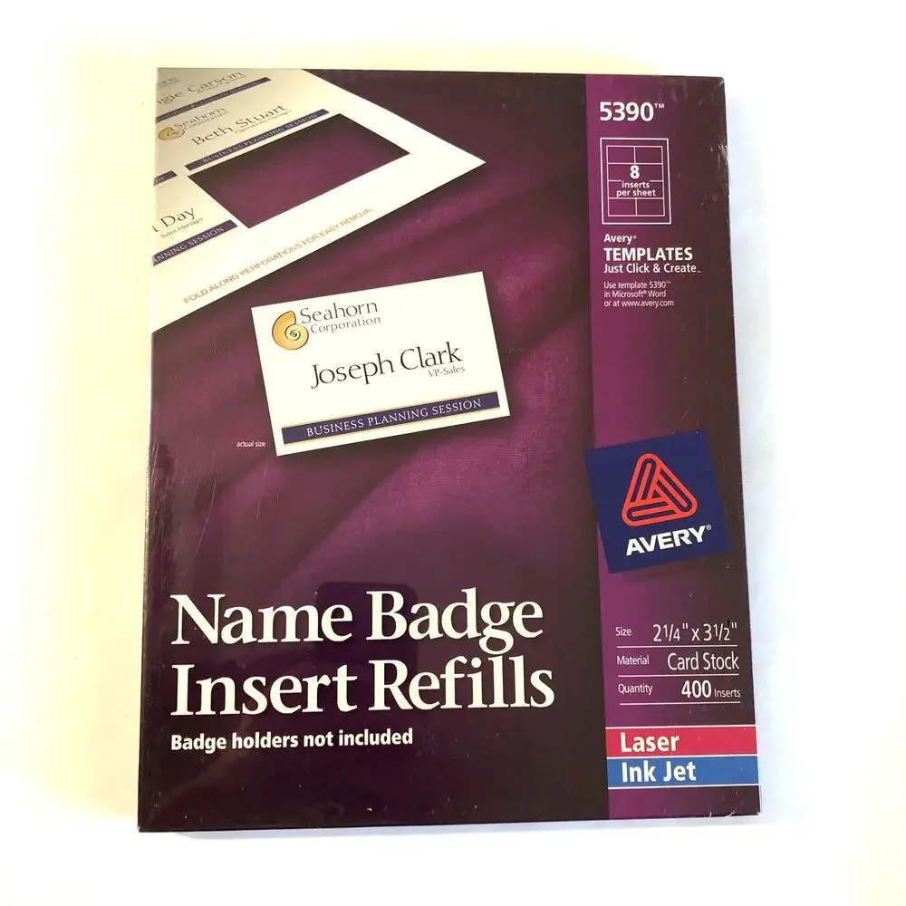 Avery 5390 Insert Badge Refill, Fits 2-1/4-Inch x3-1/2-Inch, 8/Sht, 400 per box